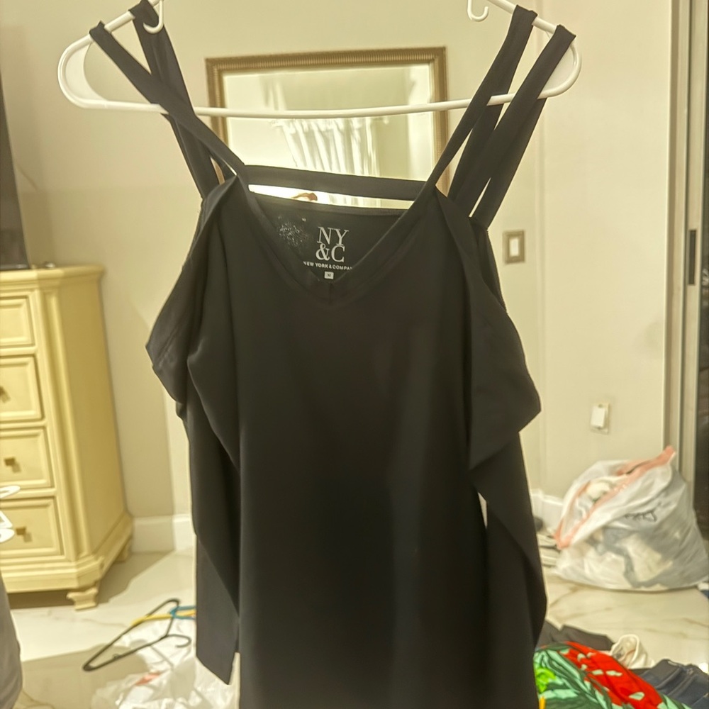 New York & Company Black Asymmetrical Ruffled Tank Top